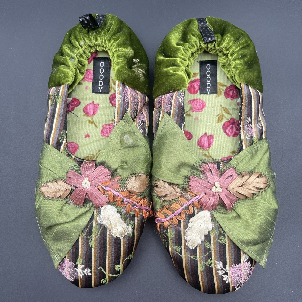 Goody Mackenzie Bon Bon Silk Velvet Floral Applique Striped Slippers Womens WS